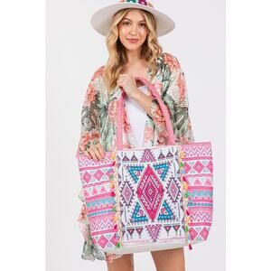 Boho Pattern Print Multi Color Tassels Summer Tote Bag